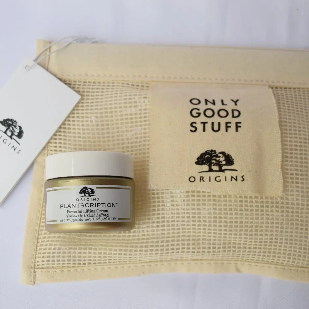 Origins Beauty Set-Beige Mesh Pouch,Cleanser,Lifting,Lotion,Gloss,Mask-6pc-NEW